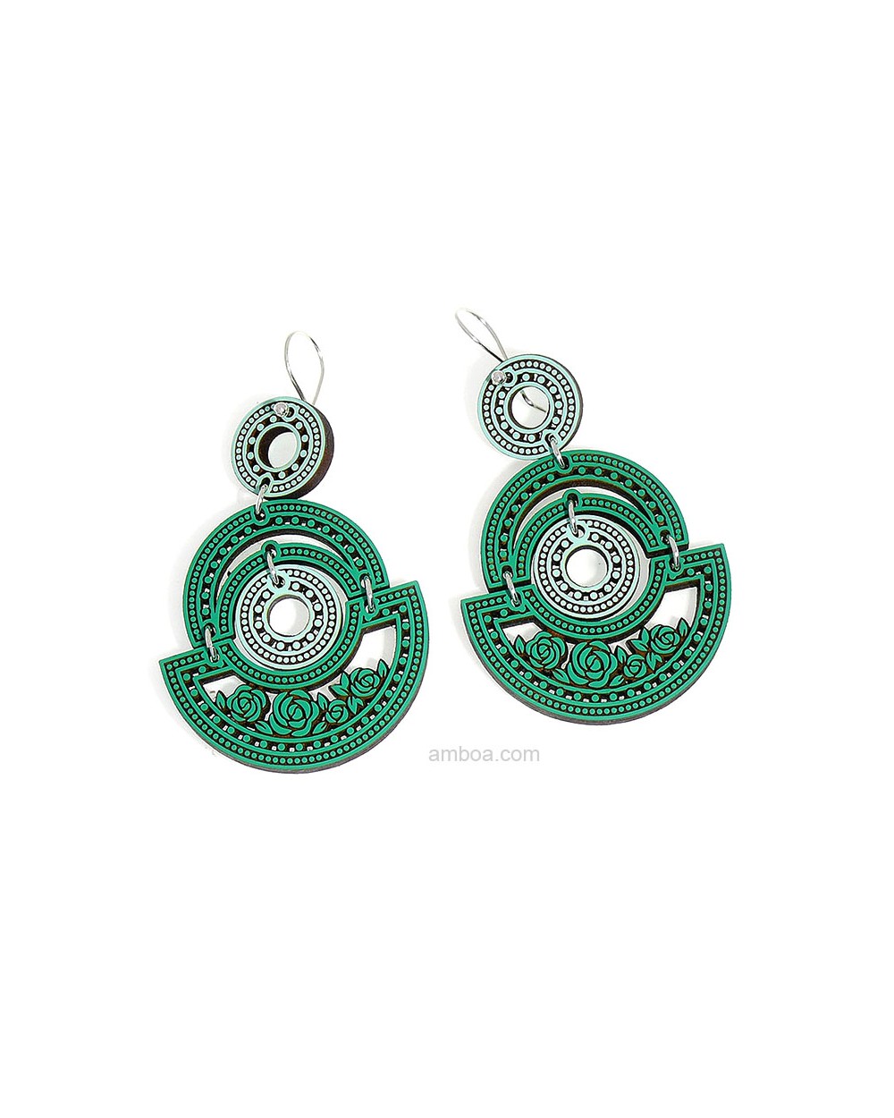 Pendientes Camelia Madera y Plata grande silvereira verde