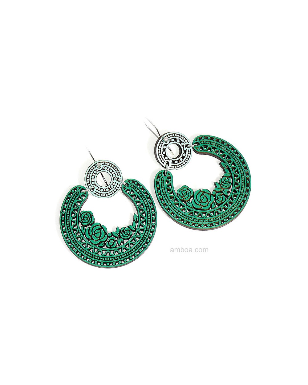 Pendientes Camelia Madera y Plata Silvereira verdes