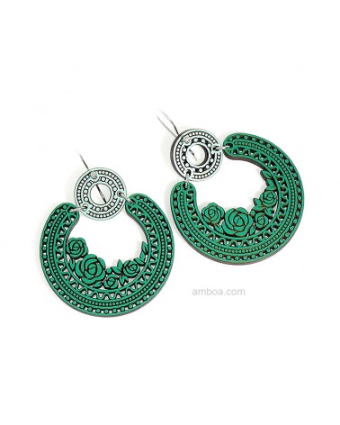 Pendientes Camelia Madera y Plata Silvereira verdes