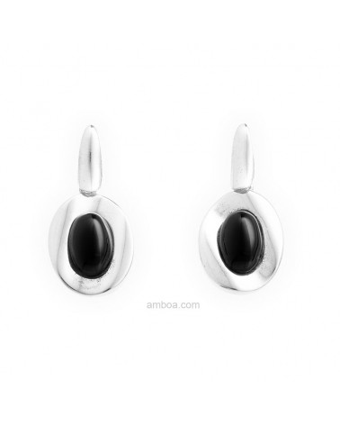 Pendientes Plata y Azabache Oval Colgar Pequeño