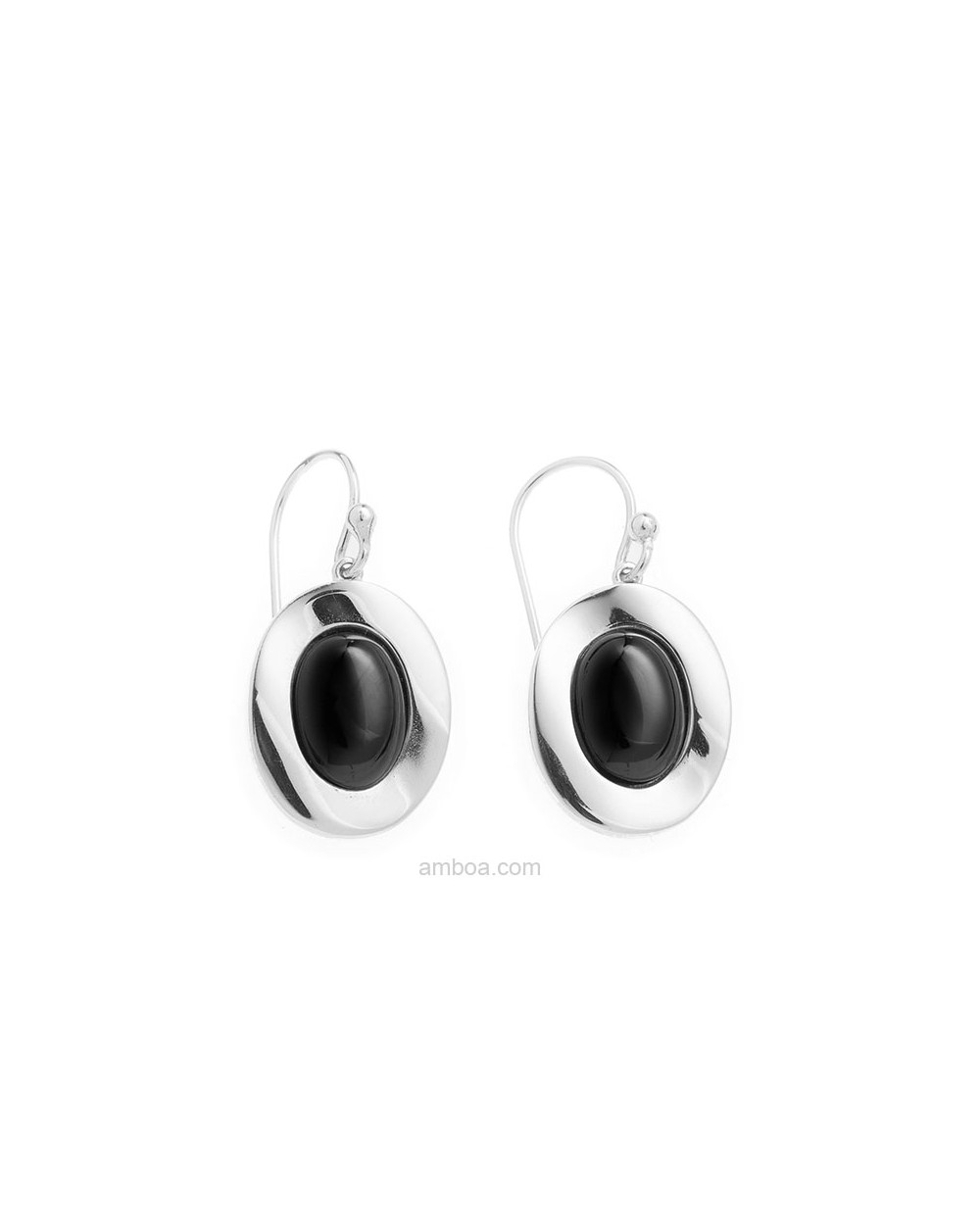 Pendientes Plata y Azabache Oval Gancho Mediano