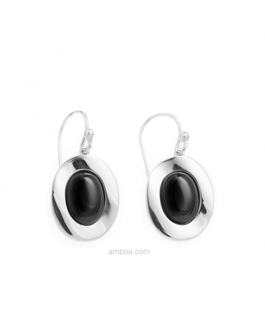 Pendientes Plata y Azabache Oval Gancho Mediano