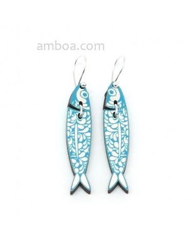 Pendientes Sardina Madera y Plata Azul