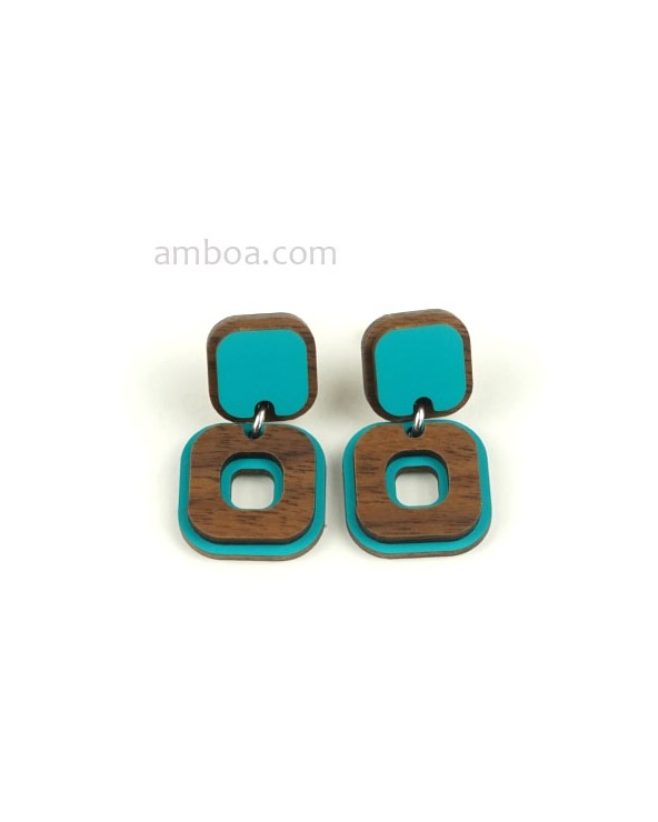 Pendientes AÑOS 70 Madera Plata corto azul