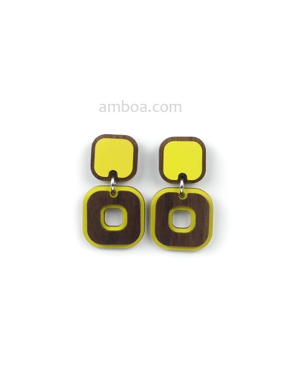 Pendientes AÑOS 70 Madera Plata corto amarillo